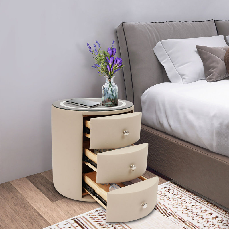 3 Tier Round Smart Bedside Table Nightstand With LED, Wireless Charge And USB Function, Beige