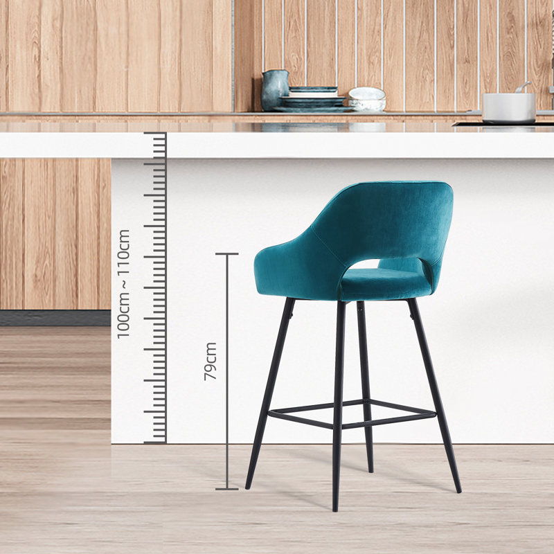 Sunni 67cm Velvet Upholstered Arm Bar Stool with Footrest, Dark Teal