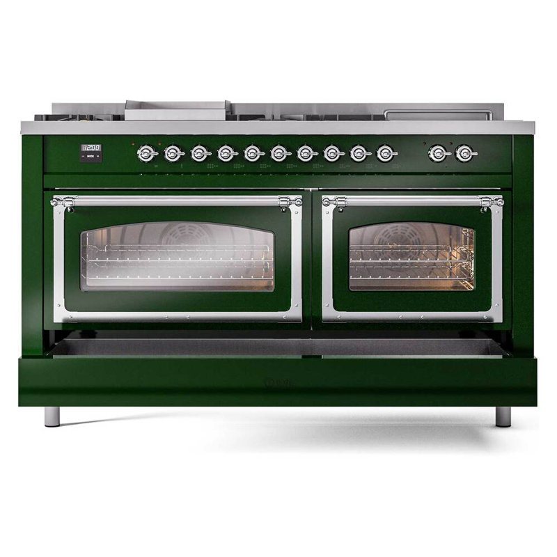 Cuisinière ILVE Nostalgie II Série 60 po à double combustible avec 7 brûleurs scellés, plaque de cuisson, table française (gaz naturel, porte vitrée)