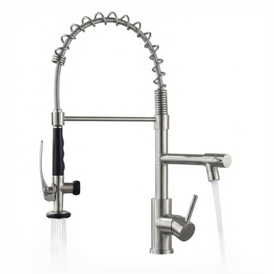 High Arc Commercial Kitchen Faucet with Pull Down Sprayer – Dual Outlets (Stream/Spray) with Lock Design for Simultaneous Use, 304 Stainless Steel, 15-Min DIY – Single Handle for Restaurant Kitchen, Bar, RV, Utility Sink in Brushed Nickel