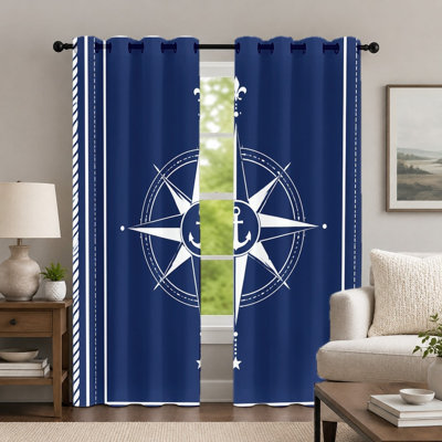 2Pcs Nautical Compass Printed Curtains, Marine Style Decor, Coastal Theme Grommet Drapes, Window Treatment for Bedroom Living Room Home Decor