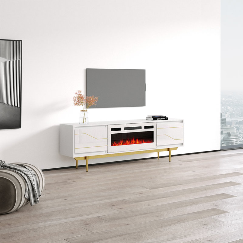 Gangulf 70.9" Modern TV Stand with Electric Fireplace, High Gloss Finish, Wall-Mounted, White