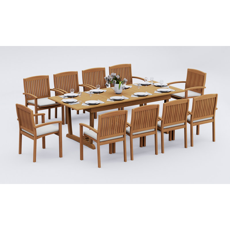 10 Seats 11 Pcs Grade-A Teak Wood Dining Set: 94" Double Extension Mas Rectangle Trestle Leg  Table And 10 Wave Stacking Arm Chairs #11WV2110