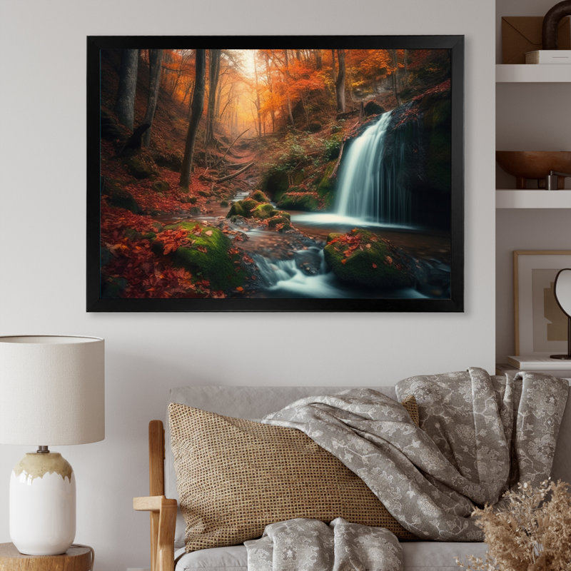 Chute d'eau en automne II - impression, Cadre photo noir, H 12 po x l 20 po x P 1 po