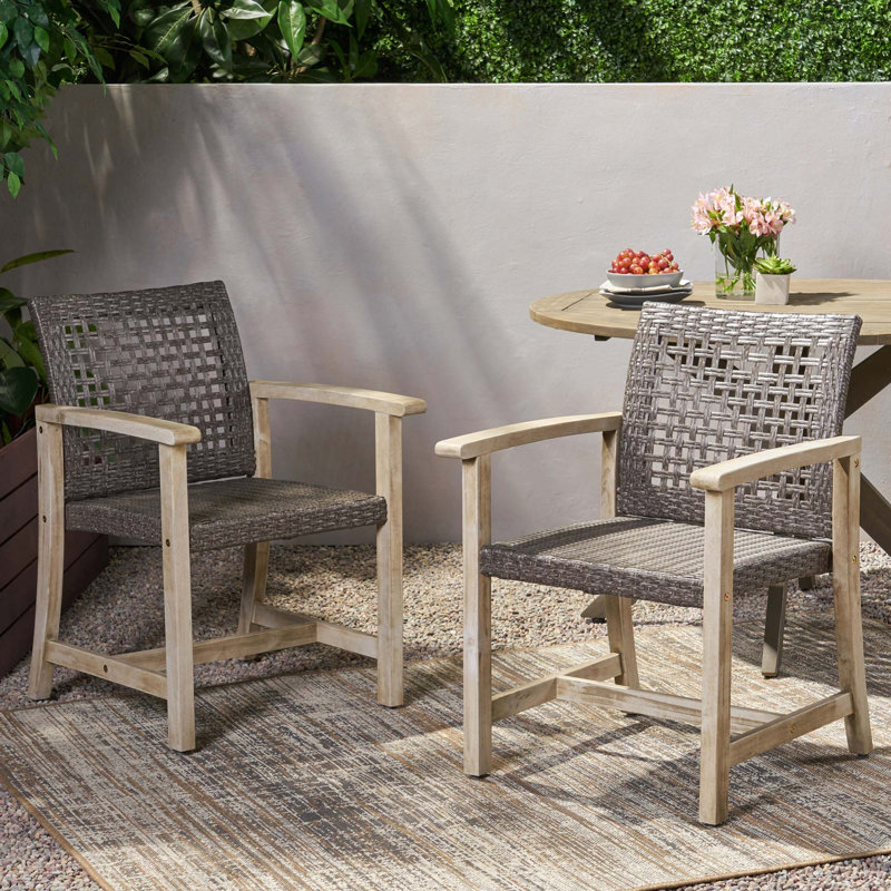 Acacia Wood and Wicker Outdoor Dining Chairs Set of 2, Black;Gray