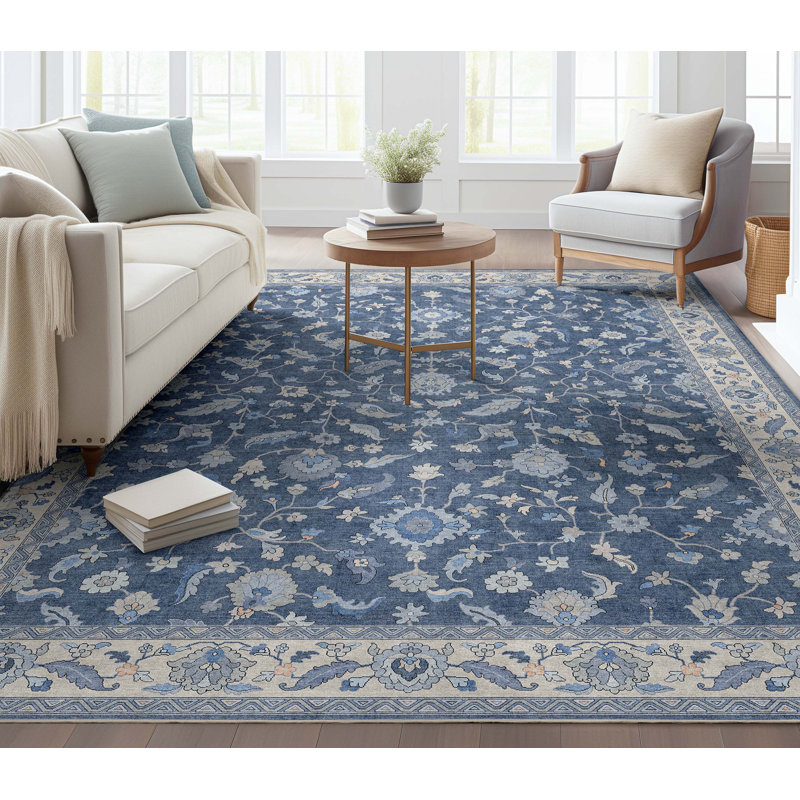 Bungalow Rose Adrith Mardin Modern Vintage Boho Dark Blue Area Rug, Rectangle 7'7" x 9'10"