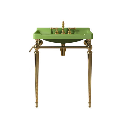 Lavabo de salle de bain 28 po avec lavabo en céramique, trois trous de robinet pré-percés, barre à serviettes en acier inoxydable, finition dorée, lavabo console rectangulaire intégré et à conception stable, 3 autoportants