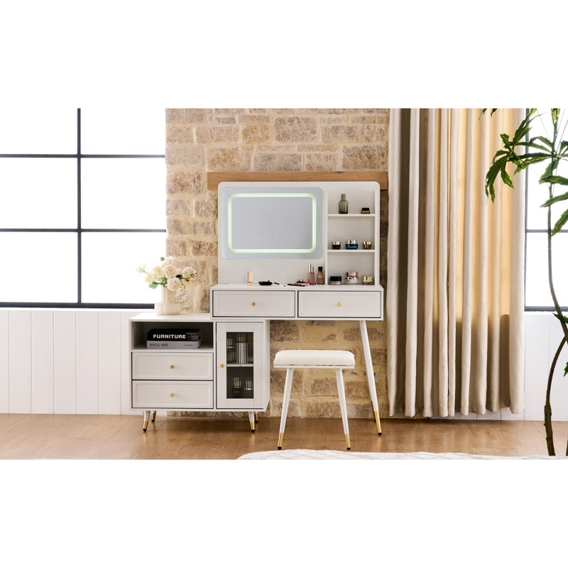 Bureau de meuble-lavabo moderne blanc avec lumières à DEL tricolores, position d'armoire réglable, compartiments de tiroir et éclairage de port intégré, armoire latérale, cloisons,