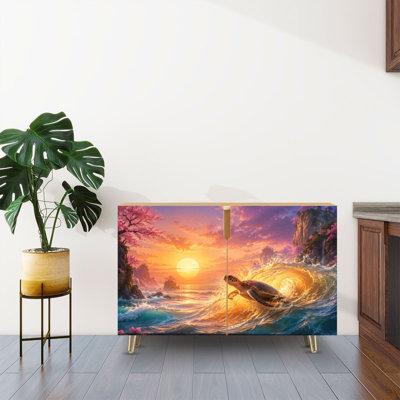 Sideboard Buffet Cabinet with Storage Sea Turtle Riding Ocean Wave Sunset Golden Light Fantasy Coastal with 2 Doors for Living Room and Kitchen