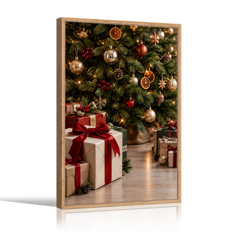 Arbre vert avec des cadeaux rouges et des décorations dorées, art mural de Noël, H 48 po x l 36 po
