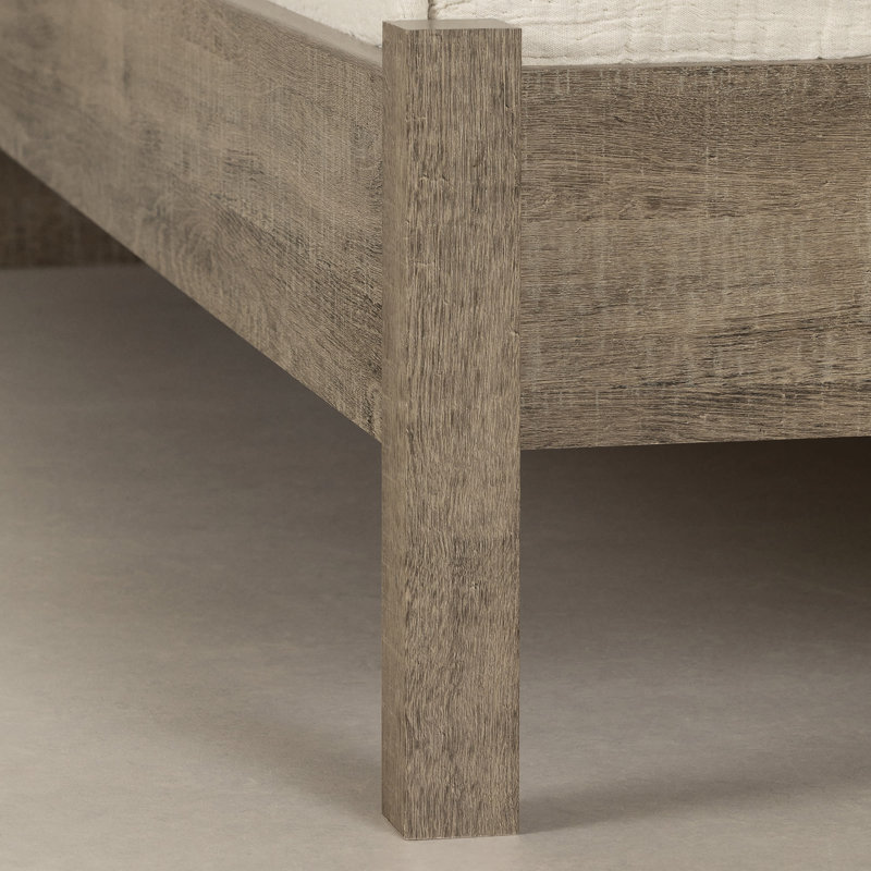 Weathered Oak Queen Platform Bed with Upholstered Headboard