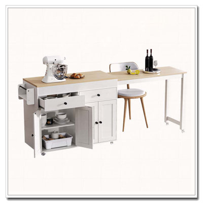 Îlot de cuisine avec table de salle à manger extensible, étagère à épices et 2 tiroirs, chariot de rangement de cuisine avec armoire à 4 portes