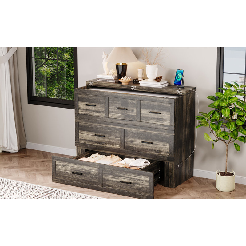 Lit double avec station de charge et tiroir de rangement, gris rustique, plateforme pliable pour économiser de l'espace dans les chambres d'amis compactes