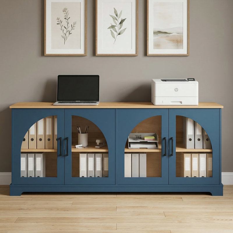 67" Farmhouse Storage Cabinet TV Stand for TVs up to 70" with Glass Doors, Two-Tone Blue & Natural Wood Grain, Navy Blue
