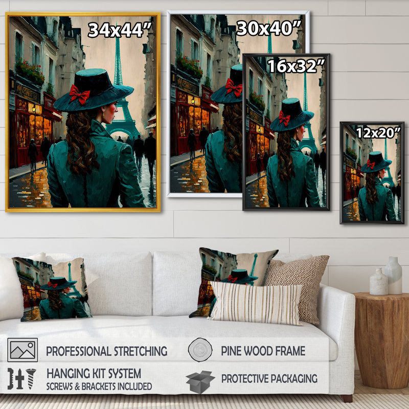 «Young Stylish Lady in Paris», reproduction sur toile, H 32 po x l 16 po x P 1 po, Cadre flottant noir