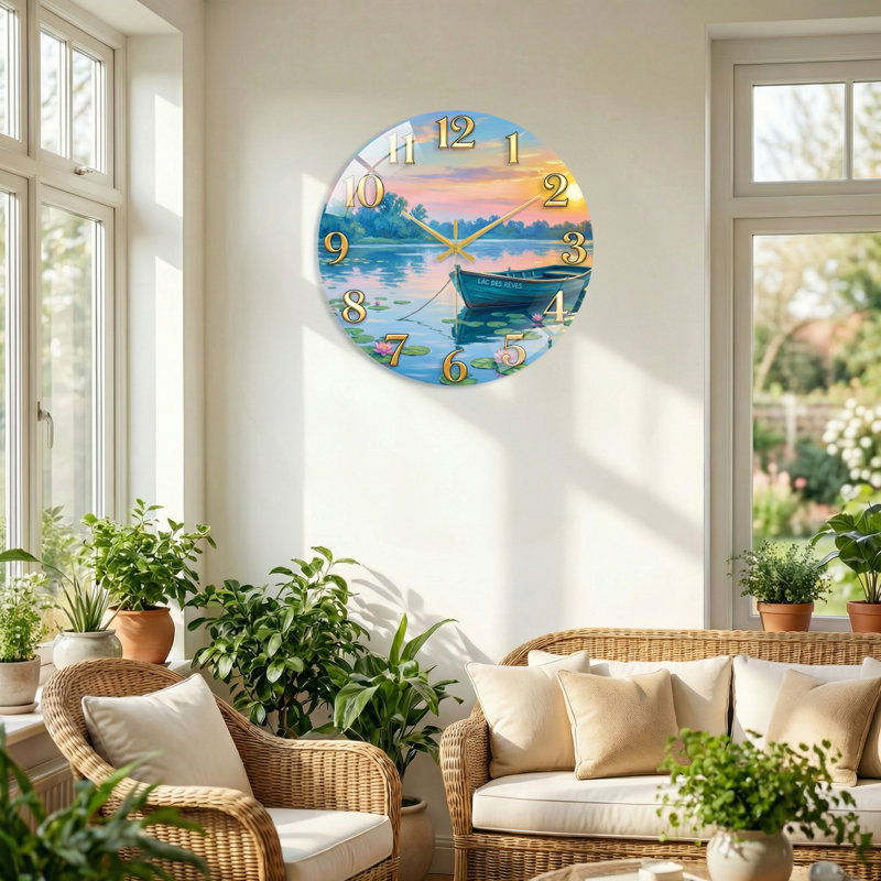 "Lake Boat", horloge murale en verre, 60 x 60 cm (23,6 x 23,6 pouces)
