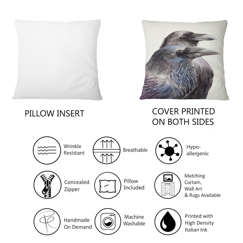 Deux corbeaux noirs avec des plumes noires et bleues - 1 coussin décoratif traditionnel