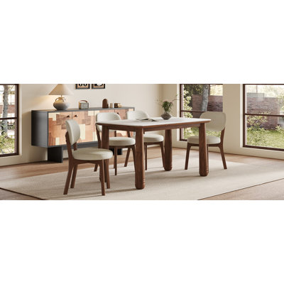 63" Solid Wood Dining Table, Rectangular Kitchen Table with White Sintered Stone Top & Walnut Frame, Farmhouse Dinner Table for 4-6 People, Heavy-Duty