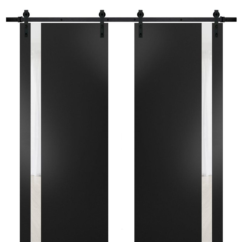 Porte de grange double robuste avec rail Planum 0040 noir mat et vitrage blanc, supports de rail de 4 m (13 pi), portes intérieures à panneaux pleins et lourds - 91,4 cm x 243,8 cm (2 x 45,7 cm x 243,8 cm) - Rail noir