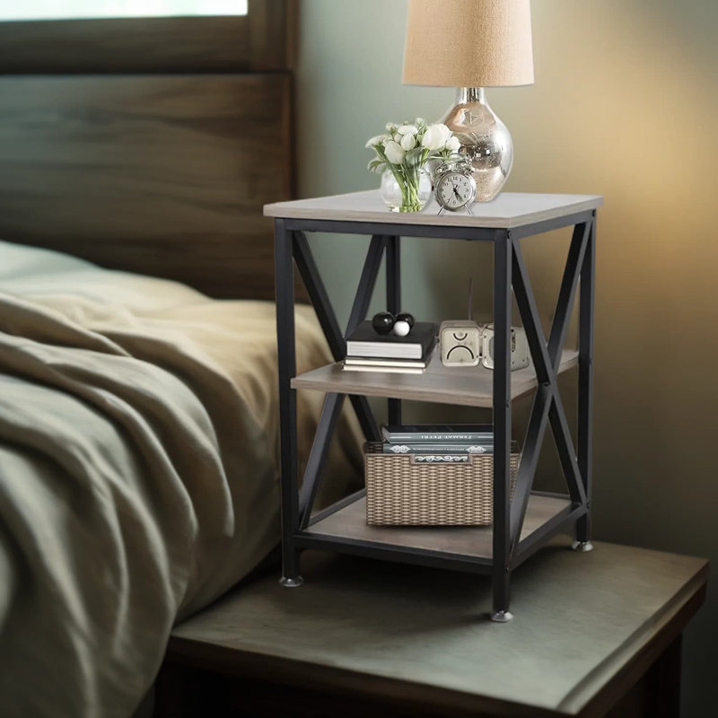 Farmhouse End Table With Storage Shelf, X-Shaped Steel Frame Side Table For Living Room, Bedroom, And Office, 3-Tier Square Nightstand