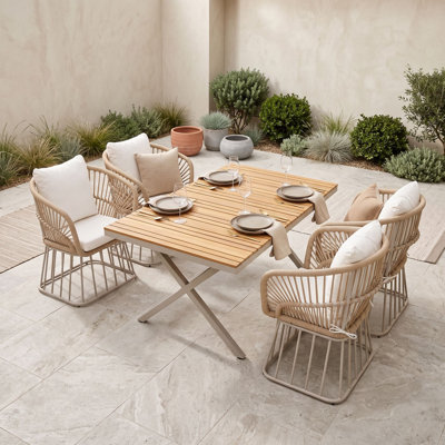 5-Piece Outdoor Dining Set with Rectangular Wood Table, 4 Cushioned Armchairs, Patio Dining Set with Steel Frame