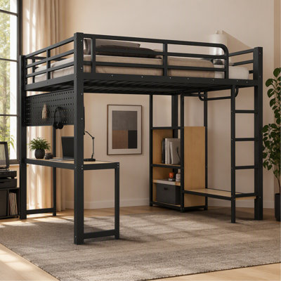 Lit mezzanine double avec tablettes de rangement et bureau, lit mezzanine en métal avec ports USB, lumières et tringle de suspension