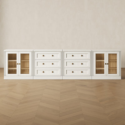 Monos Modern Modular Sideboard with Glass Door Display Cabinets and 3-Drawer Low Cabinets, White