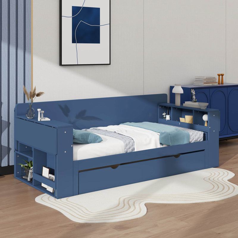 Grand lit de jour avec bureau, tiroirs et table d'appoint hydraulique, Bleu, Grand lit