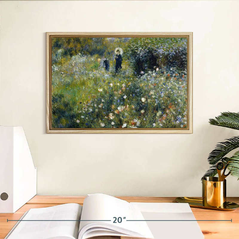 Femme avec un parasol dans un jardin, Cadre flottant en bois naturel, 13 po x 9 po