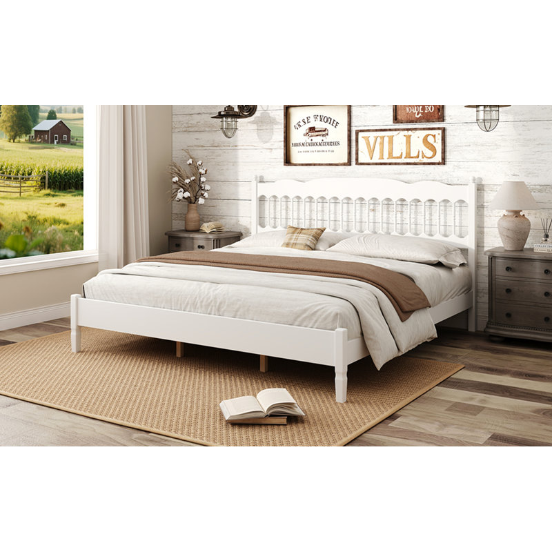Structure de lit en bois très grand de style campagne avec tête de lit à broche, lit plateforme robuste avec support de lattes, aucun sommier requis, assemblage facile, blanc