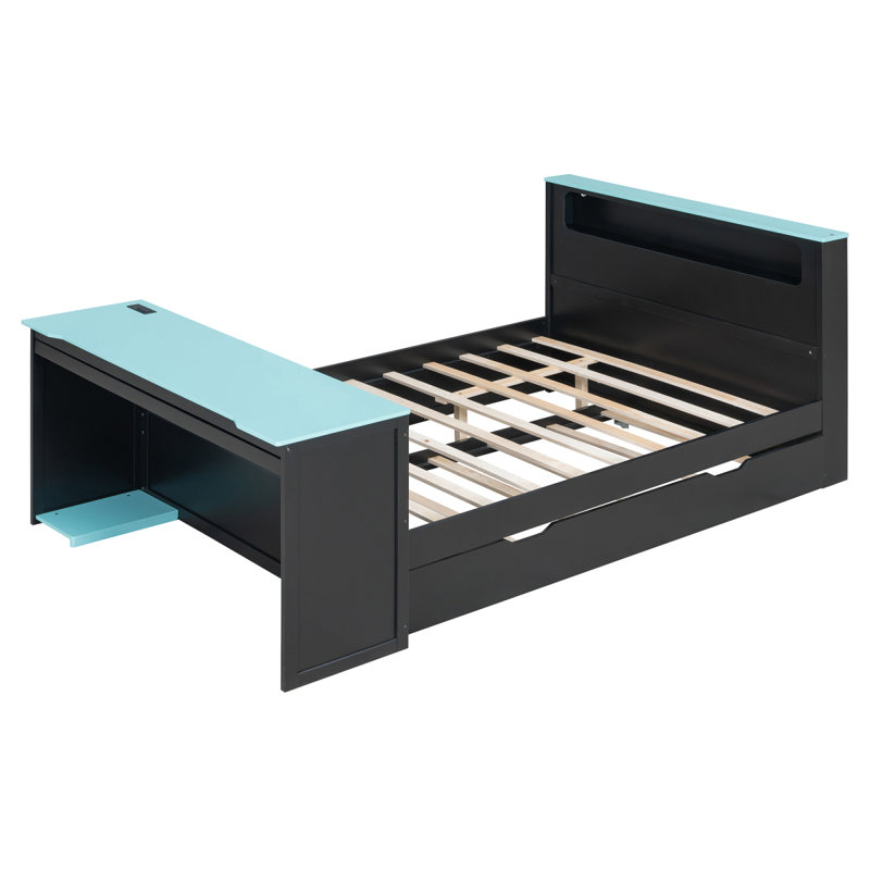 Lit de jour en bois pleine grandeur avec lit gigogne simple, bureau, lumière DEL et USB, noir et bleu, Full