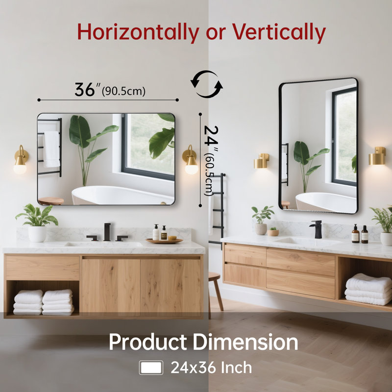 Miroir de salle de bain noir à rebord mural pour salle de bain, miroir encadré en aluminium 24 po x 32 po avec verre trempé résistant aux chocs Sumerain