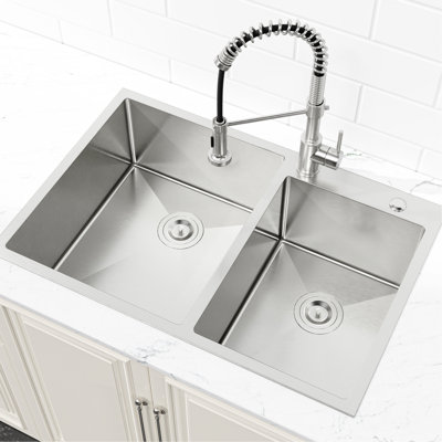33"X19" Stainless Steel Sink - Overmount, Double Bowl, Offers Superior Durability Modern Bowl Steel, With Enhanced Resistance To Scratches