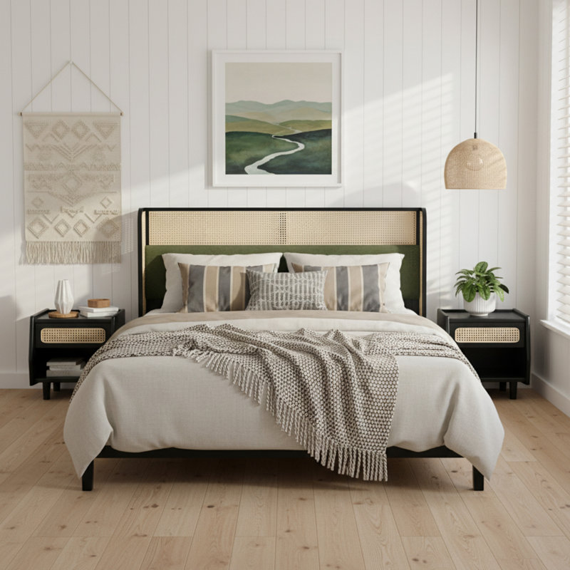 Structure de lit grand avec tête de lit verte, lit en bois massif noir et vert, aucun sommier requis, mobilier de chambre moderne