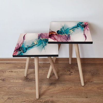 Ensemble de 2 tables gigognes modernes, conception abstraite, pieds en bois de hêtre, 13,8 po x 18,5 po x 13,8 po et 13,8 po x 16,5 po x 13,8 po | Fabrication 100% en panneau de fibres à densité moyenne de 0,7 po d'épaisseur | Idéal pour le salon, élégant et fonctionnel