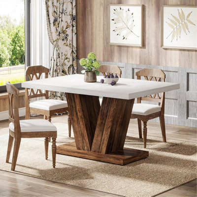 Table de salle à manger de 47 pouces pour 4 personnes, table de salle à manger de cuisine blanche avec piédestal robuste, table de salle à manger en bois