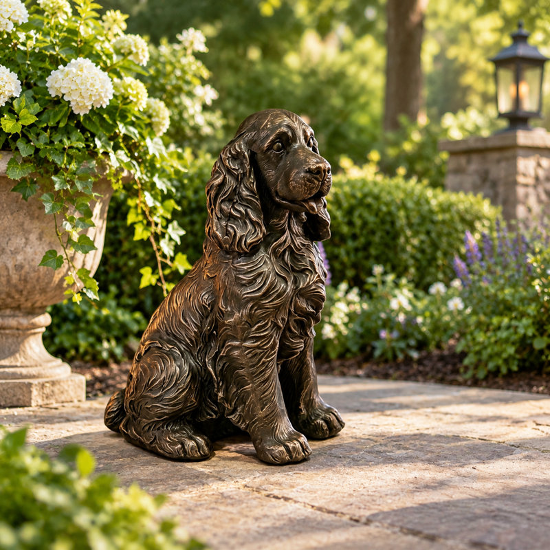 Statue de jardin représentant un cocker spaniel assis, sculpture en résine d'extérieur