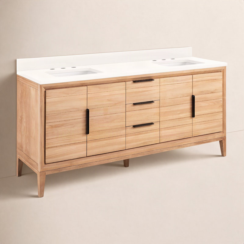 Aliso 72" Double Bathroom Vanity, Arctic White Quartz / Natural Teak, 8" Widespread, 34'' H x 72'' W x 22'' D
