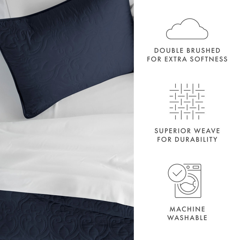 Navy King Microfiber Puff Quilted Coverlet Set