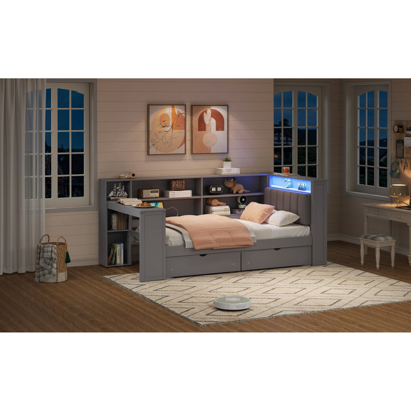 Wood Twin Bed Platform With 8 Storage Shelves, Drawers, Charging Ports, 7 - Color Led, Upholstered Headboard And Table, Grey Hue Mix 2 Led Lighting, Desk, Cushion