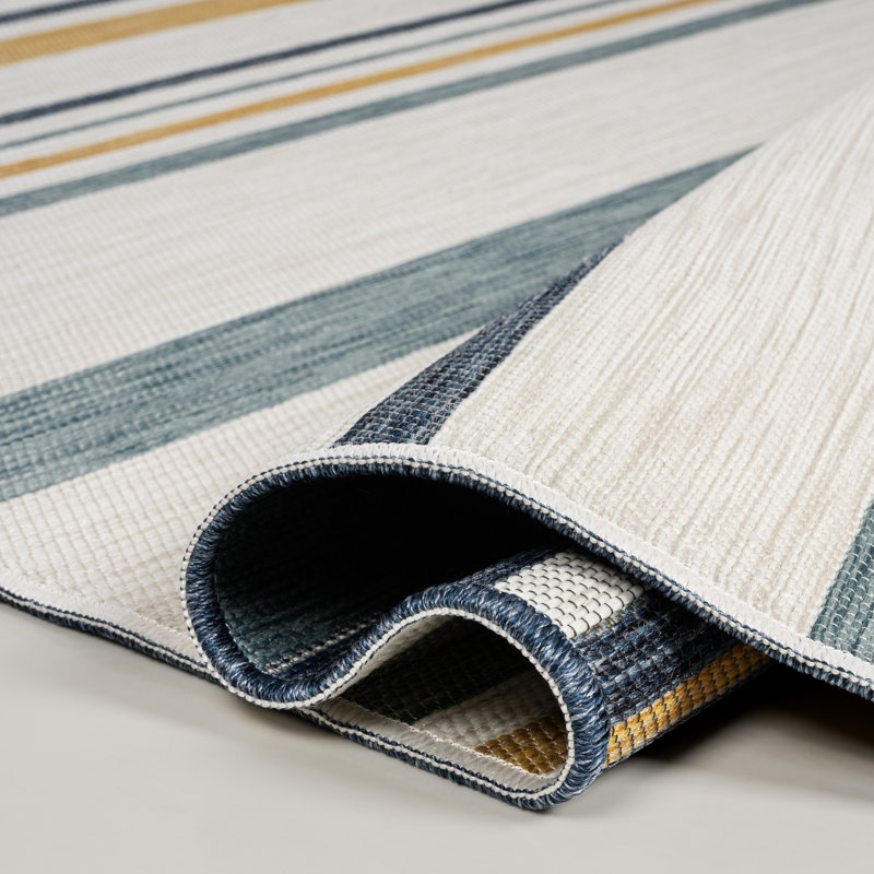 Janus Classic Coastal Ticking Stripe Reversible Machine-Washable Cream/Navy Indoor/Outdoor Rug, Runner 2' x 8'