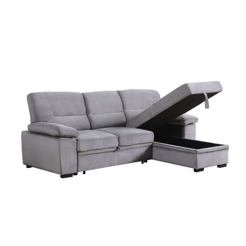 Mccutcheon Velvet Fabric Reversible Sleeper Sectional Sofa Chaise, Gray Velvet