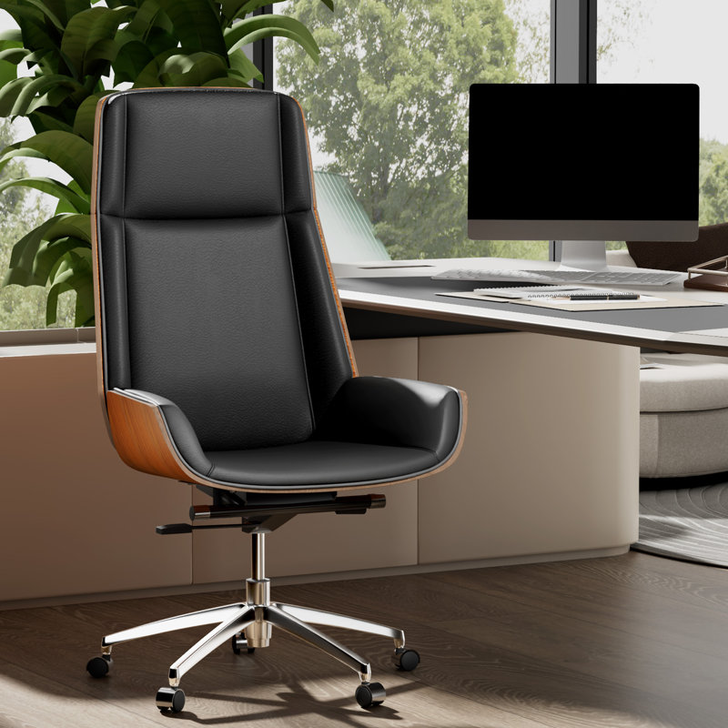 Genuine Leather Ergonomic Office Chair Executive Adjustable Height Chair, 17.32"-20.07" Swivel Home Office Chair