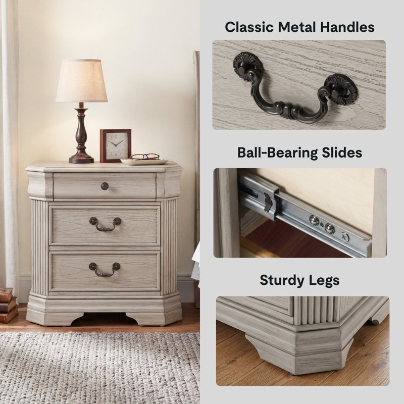 27" W Traditional 3-Drawer Nightstand / End Table, Solid Pine Wood, Fully Assembled, Light Antique Gray (White), White