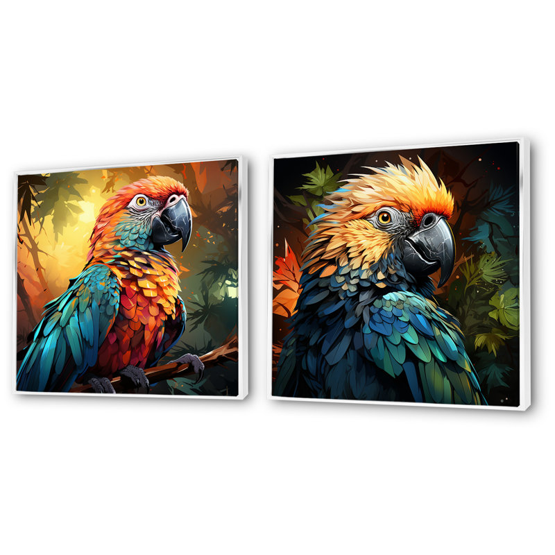 «Orange and Blue Jungle Parrot Paradise I», ensemble de 2 reproductions d'art mural, Cadre flottant blanc