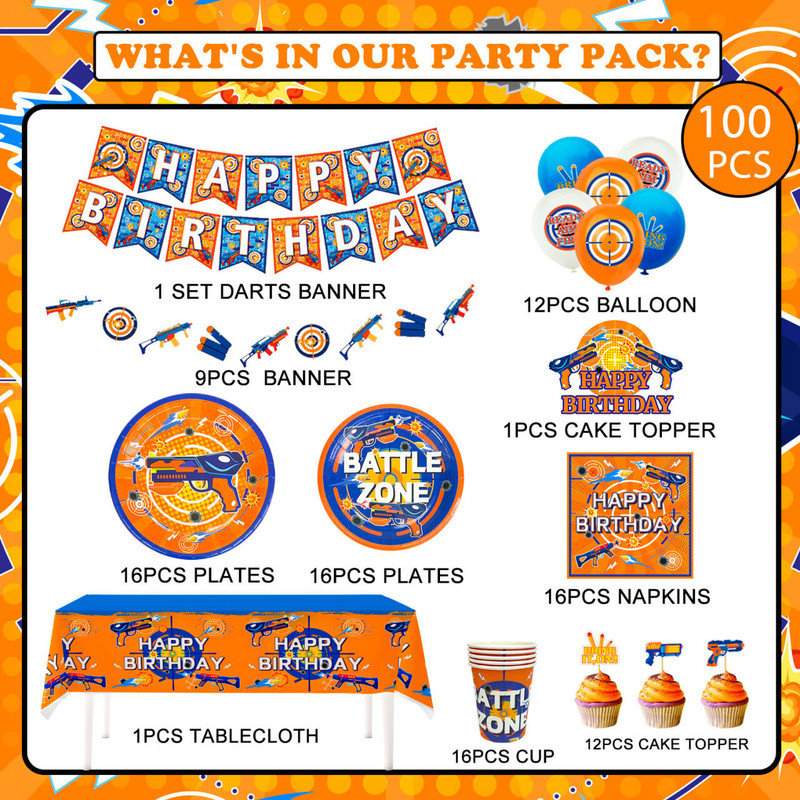 Dart War Party Decorations-100pcs Dart War Theme Party Decorations&Tableware Set