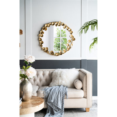 Miroir décoratif rond 35 po moderne avec rallonges dorées, salon, vestibule, couloir, fer et ajout de pièce en métal de 35,2 x 2,8 x 35,2 pouces