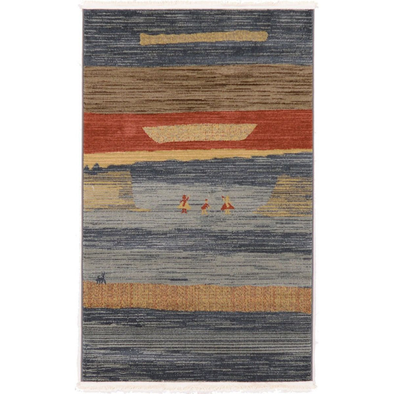 Tapis à motif géométrique bleu / rouge / beige, Rectangle 3 pi 3 po x 5 pi 3 po
