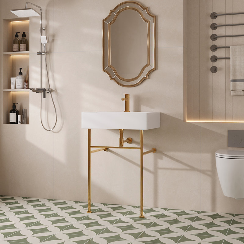 Ceramic White Rectangular Single Faucet Hole 24 in Console Bathroom Sink with Overflow, White/Gold