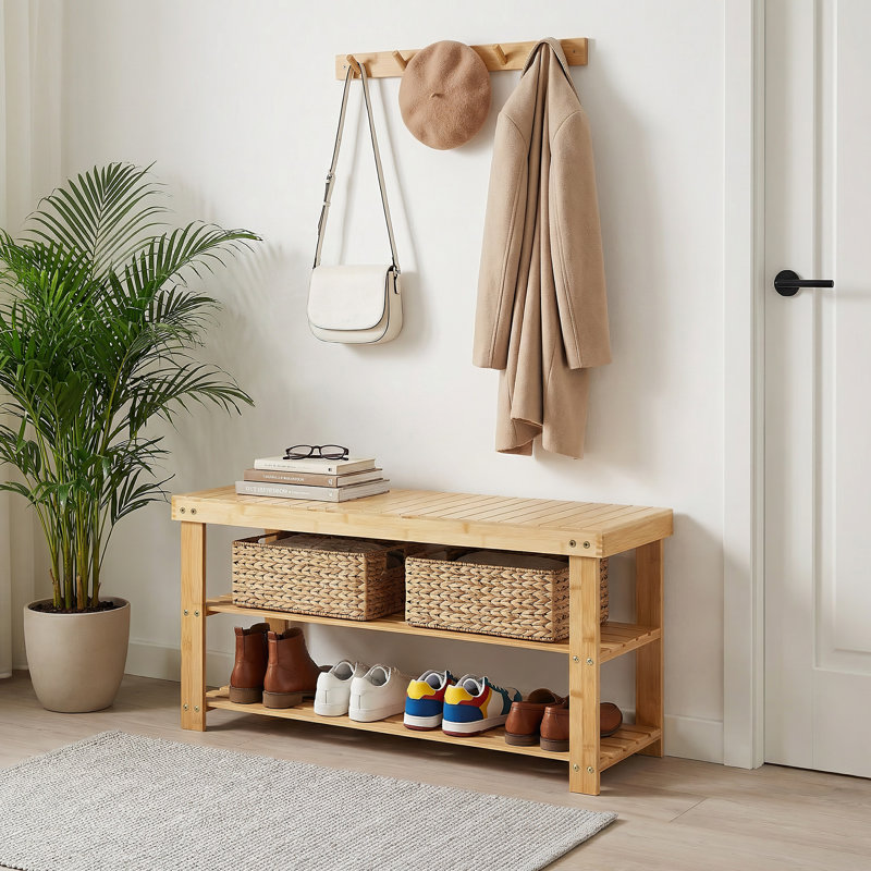 Banc de rangement à chaussures à 3 niveaux en bambou avec siège, organisateur robuste pour vestibule, naturel, Bois naturel